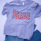 A heather gray t-shirt with 'Falcon PRIDE' printed on the front, styled flat-lay with blue jeans on a white background.