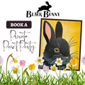 Promotional graphic for a private paint party featuring a black bunny illustration and flowers by October House Co. in Hartville, Ohio.