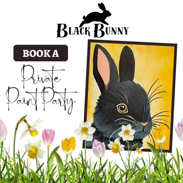 Promotional graphic for a private paint party featuring a black bunny illustration and flowers by October House Co. in Hartville, Ohio.