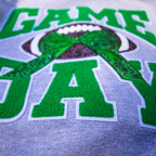Close-up of a gray athletic-style graphic on a garment featuring large green letters outlined in white and a football with a green bow design.