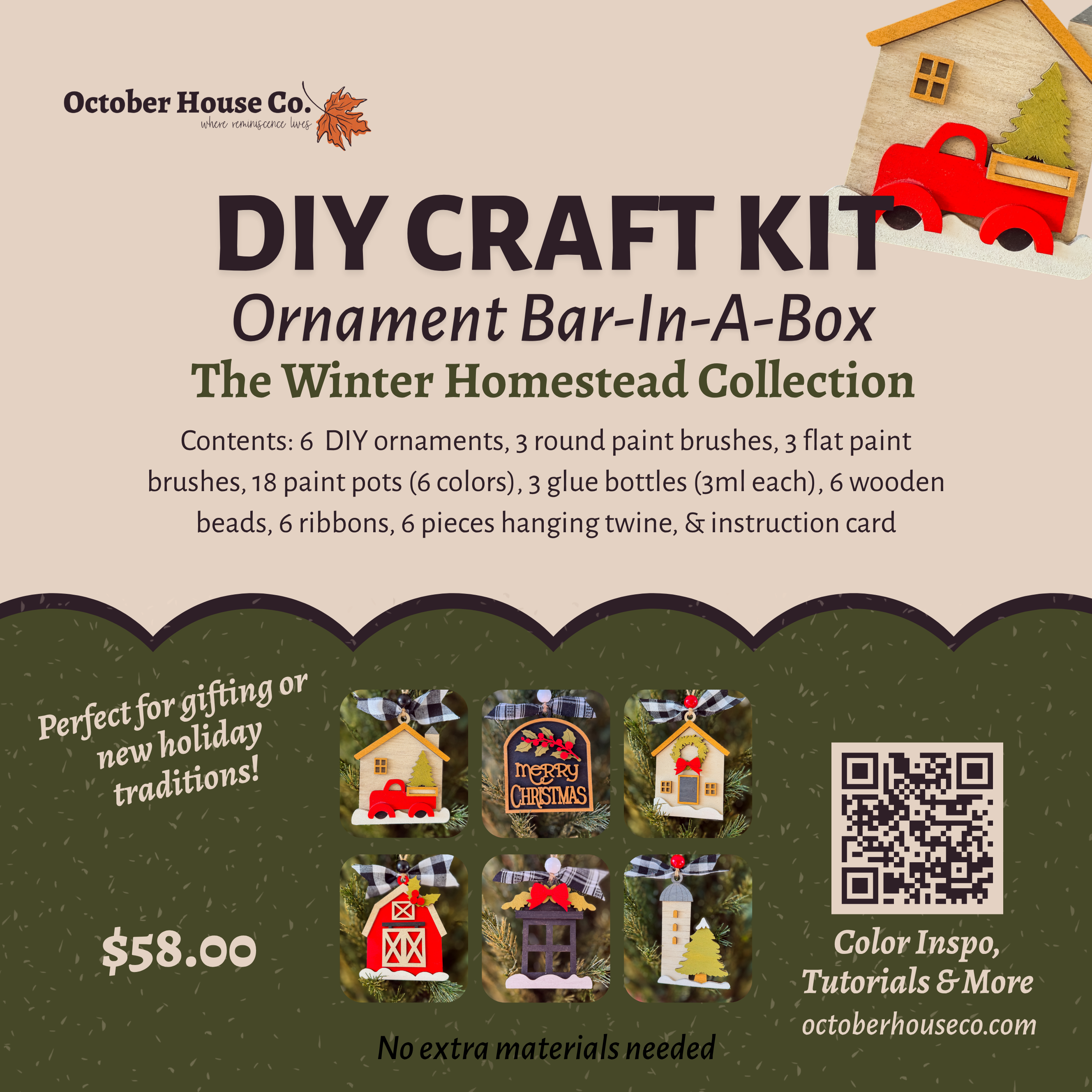 Advertisement for DIY Craft Kit with ornaments and supplies on a beige and green background.