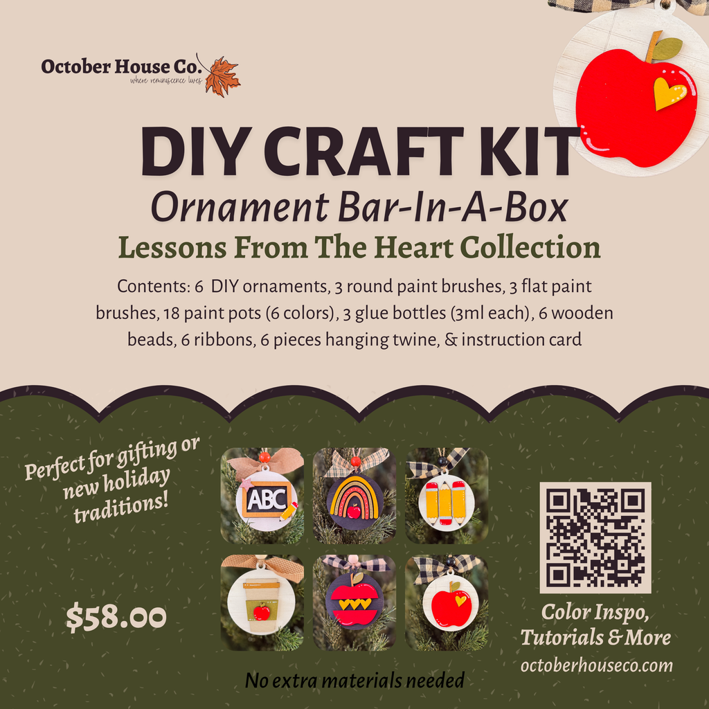 Advertisement for DIY Craft Kit with ornaments and supplies on a beige and green background.