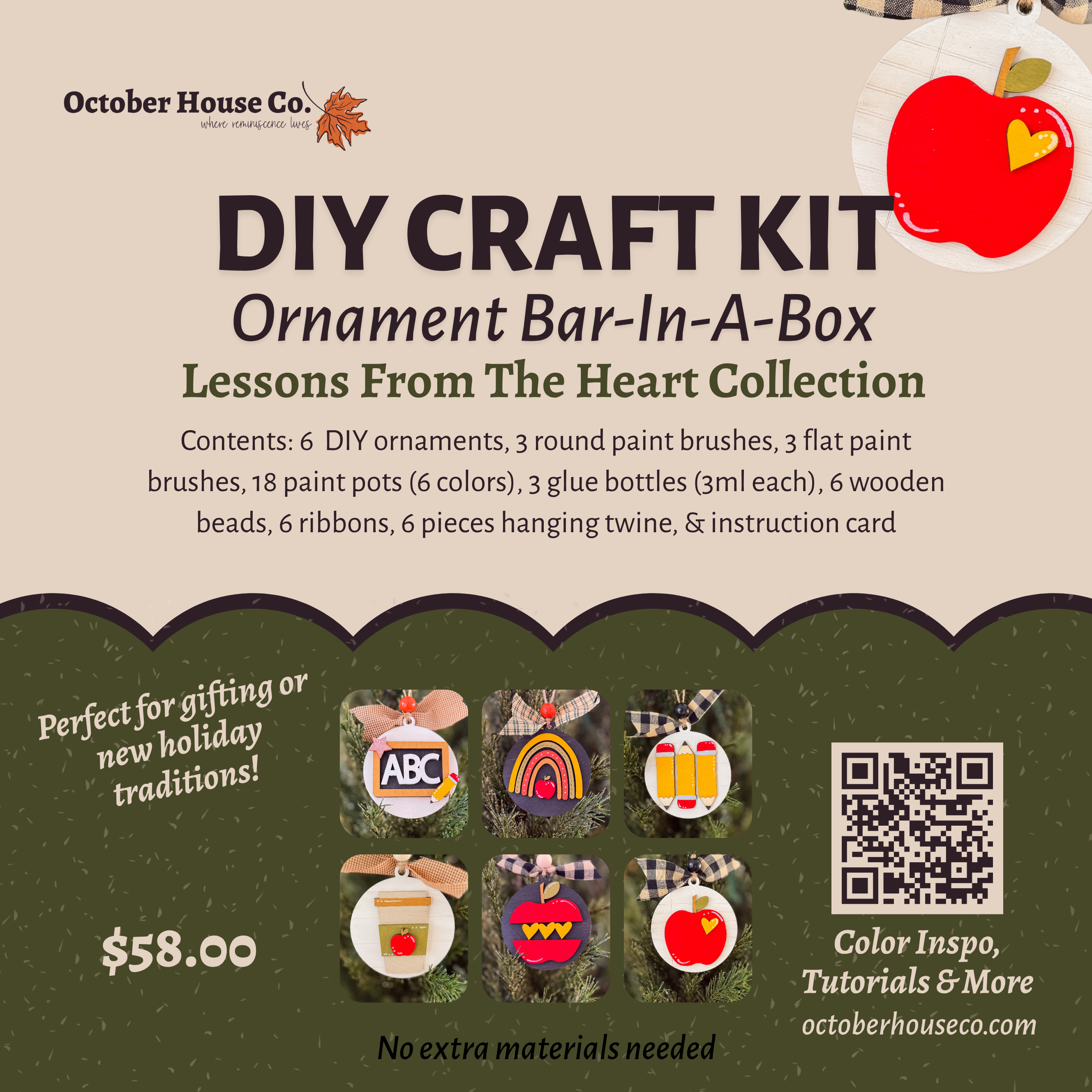 Advertisement for DIY Craft Kit with ornaments and supplies on a beige and green background.
