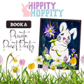 Promotional graphic for a private paint party with a rabbit and flowers, titled "Hippity Hoppity" by October House Co. in Hartville, Ohio.