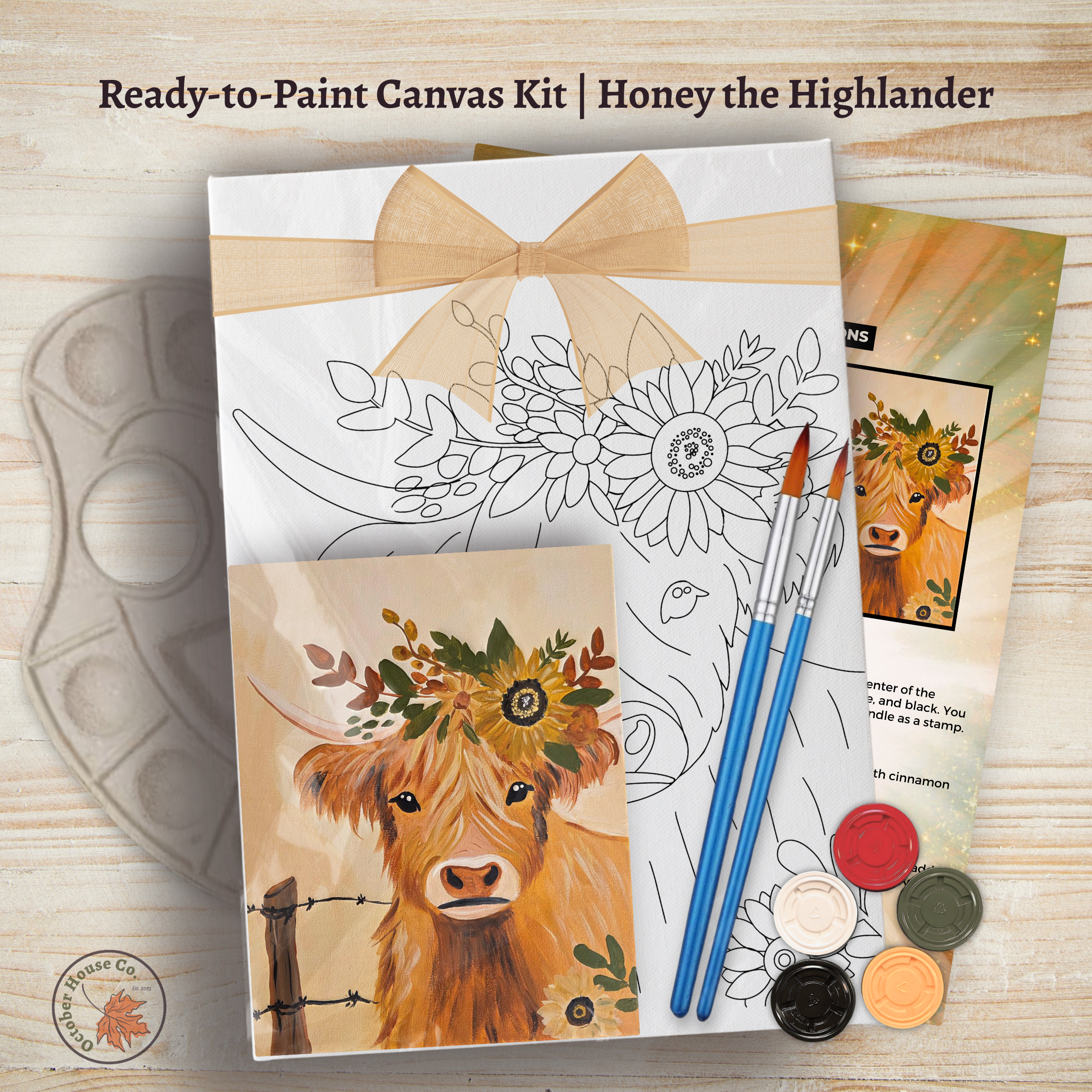 Ready-to-paint canvas kit with cow highlander cow illustration from October House Co. in Hartville, Ohio. Kit includes paintbrushes and paint.