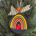 A round black wooden Christmas ornament featuring a colorful rainbow design with a red apple at the center, hanging from a plaid ribbon bow on a green Christmas tree.