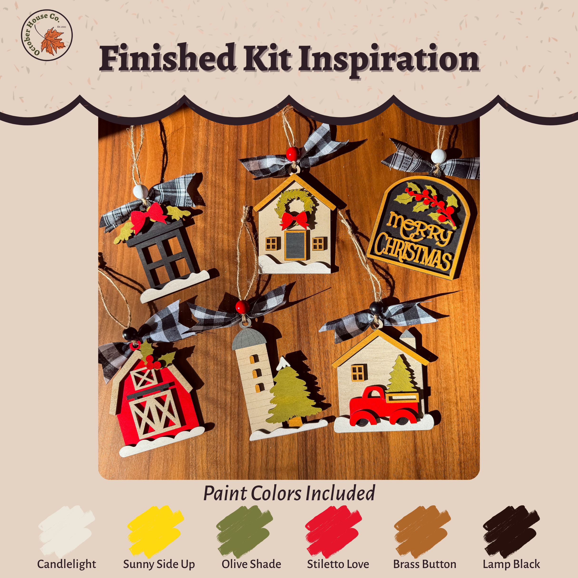 Wooden board with Christmas-themed house ornaments and paint color swatches on a beige background.