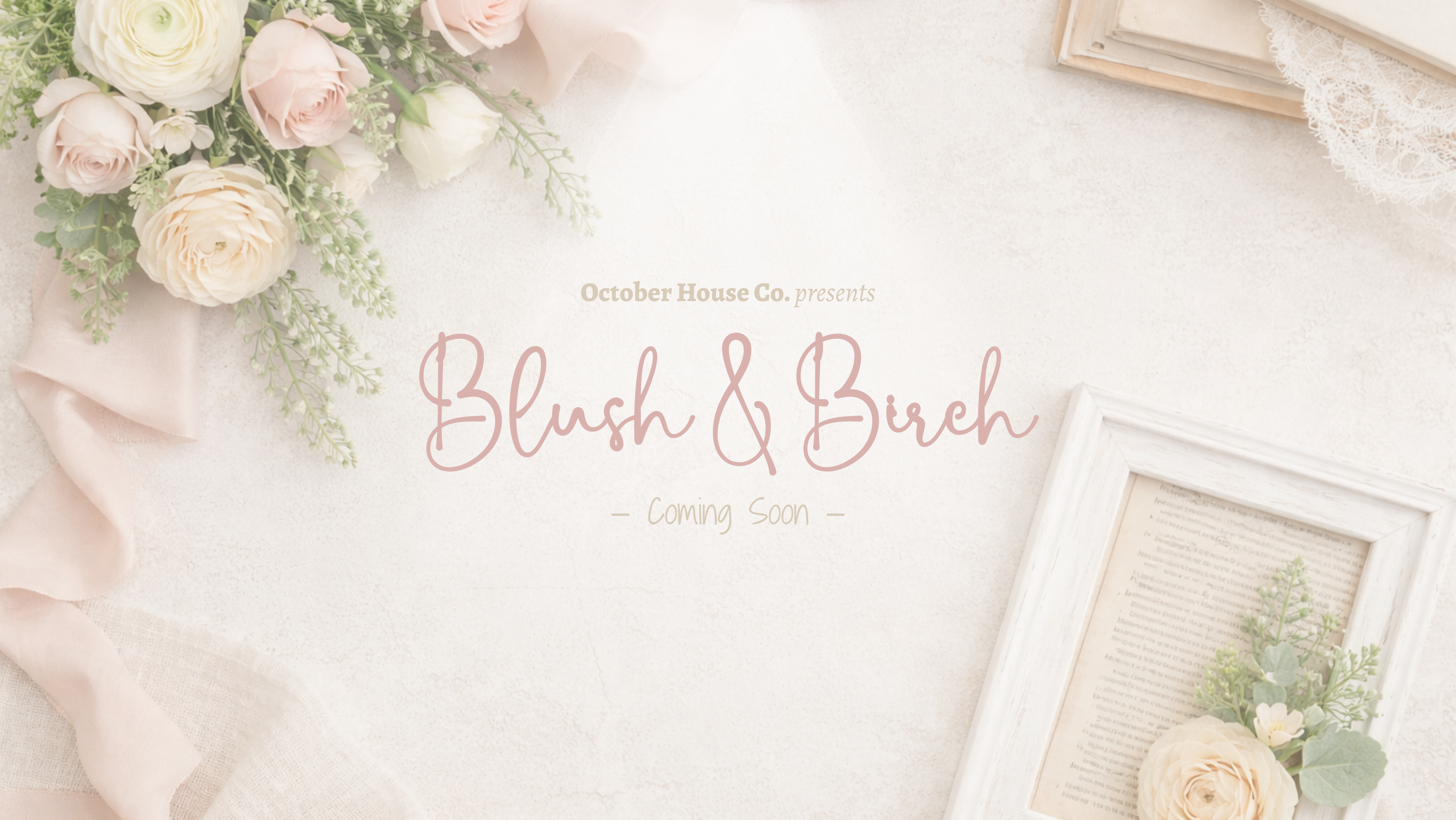 Floral arrangement with 'Blush & Birch' text on a light background