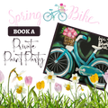 Promotional graphic for a spring bike-themed private paint party with a bicycle and flowers by October House Co. in Hartville, Ohio.