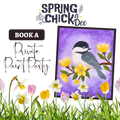 Promotional graphic for a spring-themed paint party with a chickadee illustration and floral elements by October House Co. in Hartville, Ohio.