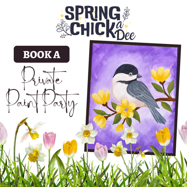 Promotional graphic for a spring-themed paint party with a chickadee illustration and floral elements by October House Co. in Hartville, Ohio.
