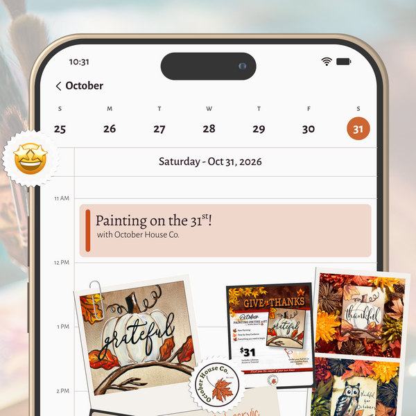 A smartphone screen displays a monthly calendar and event planner layout with autumn-themed cards and text, including 'Painting on the 31st!' and fall-colored artwork previews. The phone is shown against a softly blurred background with a small golden circular badge on the left.