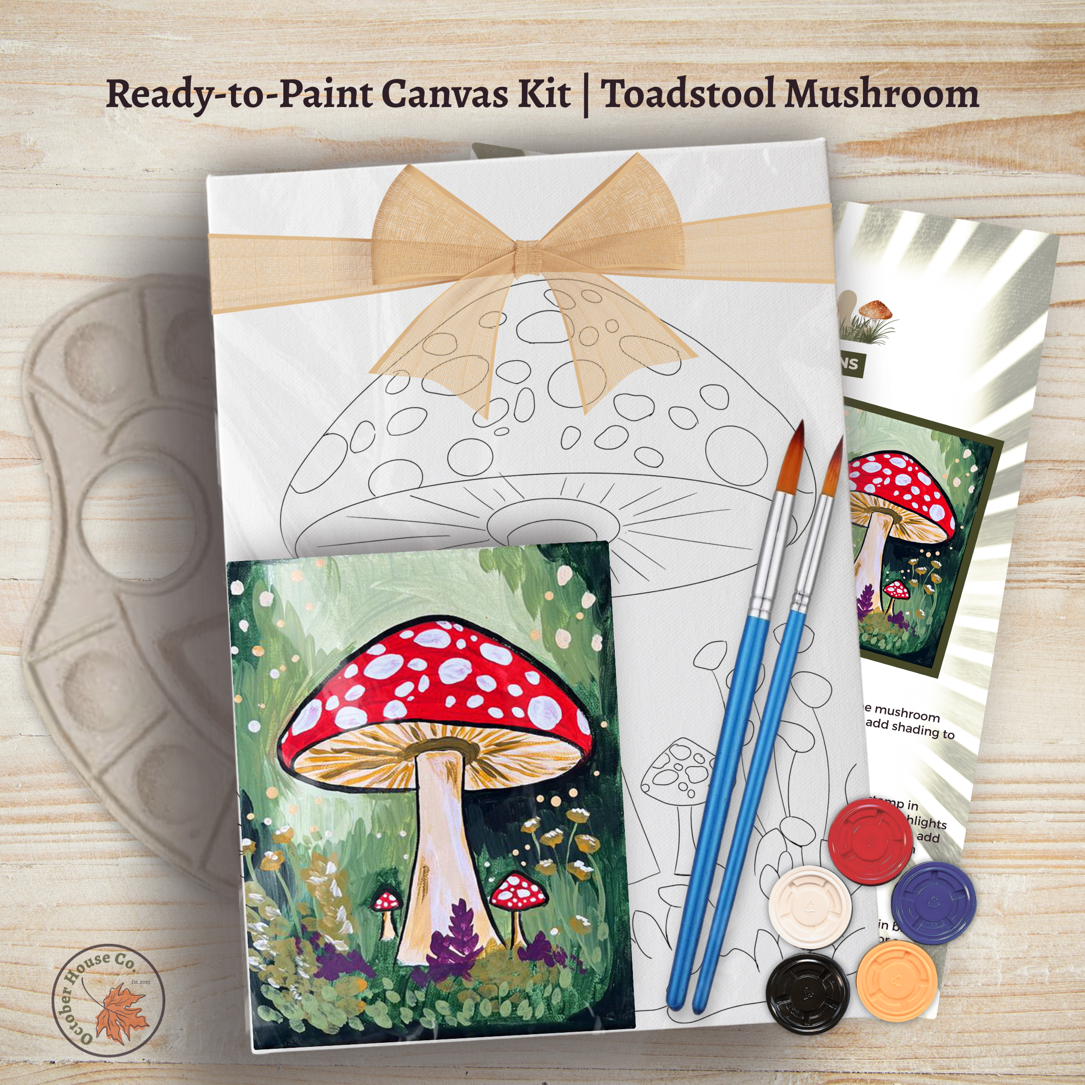 Ready-to-paint canvas kit with toadstool mushroom illustration from October House Co. in Hartville, Ohio. Kit includes paintbrushes and paint.