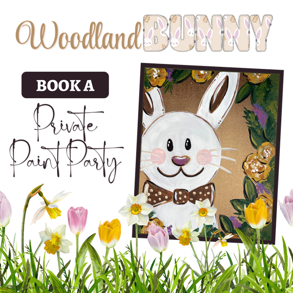 Promotional graphic for a 'Woodland Bunny' private paint party with a bunny illustration and flowers by October House Co. in Hartville, Ohio.